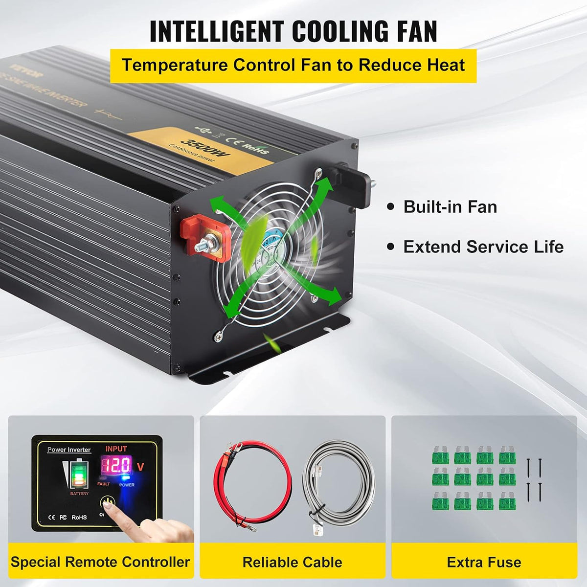 3500 Watt Pure Sine Wave Power Inverter, DC 12V to AC 120V, with USB Port LCD Display Remote Controller and AC Outlets X716