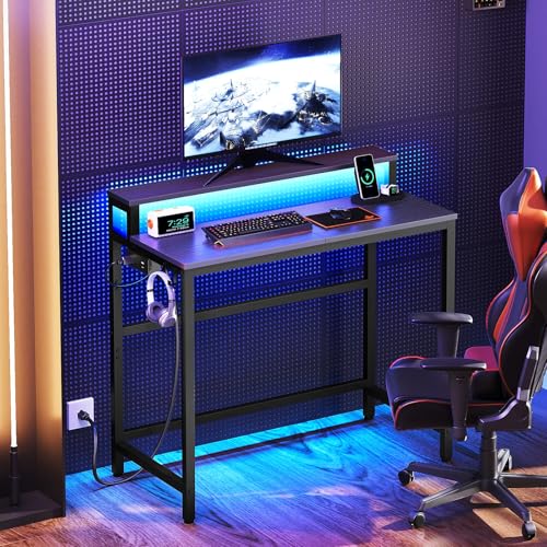 Black Computer Desk with Charging Station and LED Lights G266