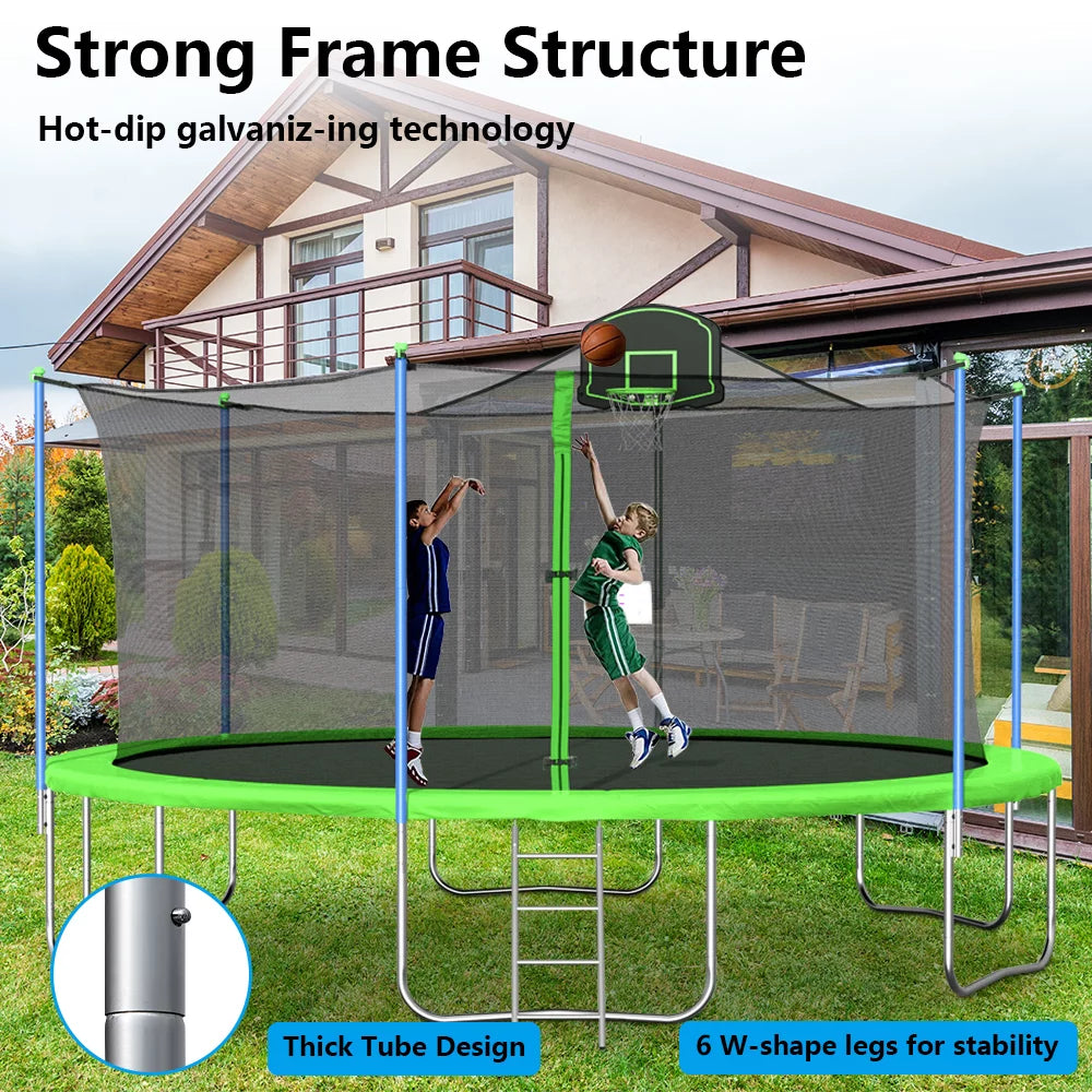 14FT Blue Trampoline with Basketball Hoop and Enclosure Net S687