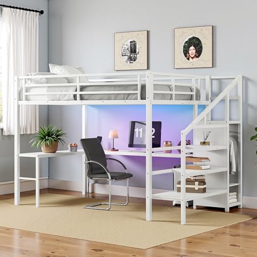 Full Size Metal Loft Bed Frame with Desk, Wardrobe, Storage Stairs Y205