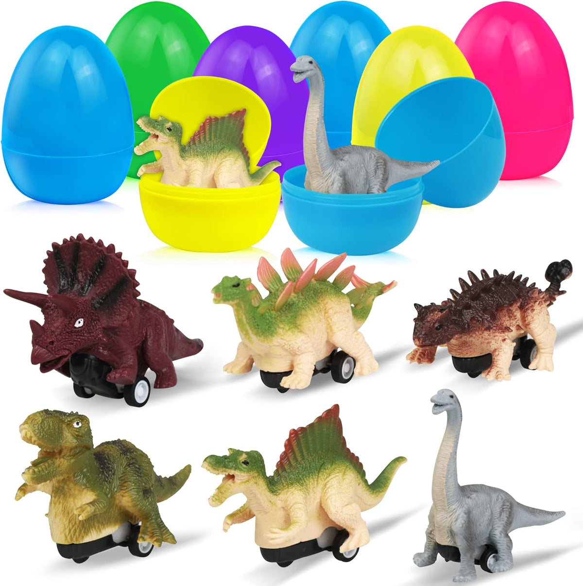 6 Pack Jumbo Prefilled Easter Eggs with Dinosaur Pull Back Cars Toys P223