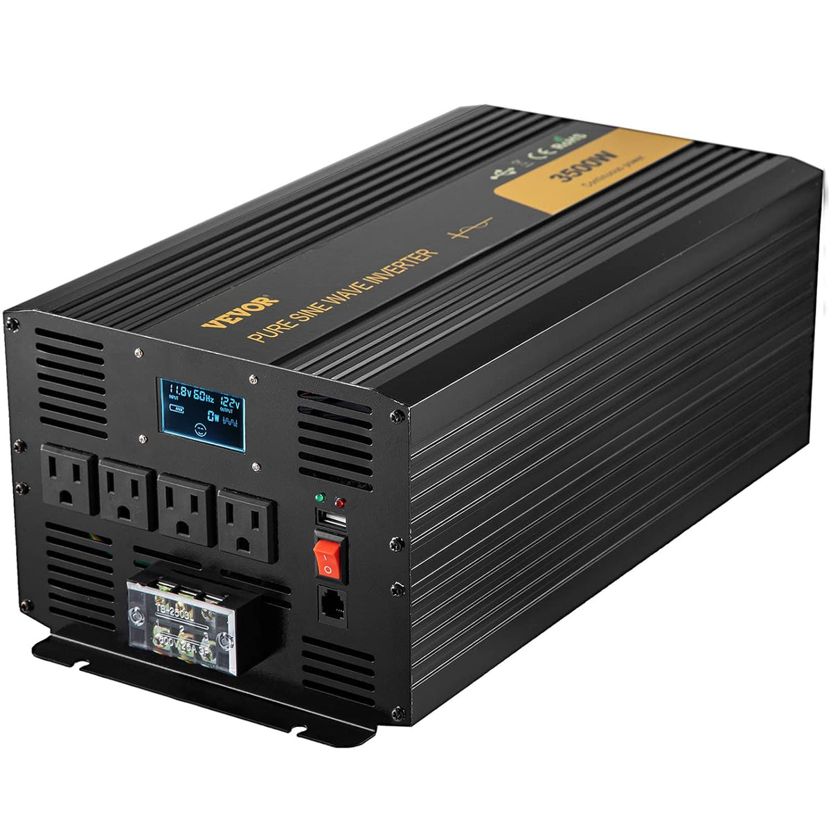3500 Watt Pure Sine Wave Power Inverter, DC 12V to AC 120V, with USB Port LCD Display Remote Controller and AC Outlets X716