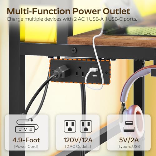 Black Computer Desk with Charging Station and LED Lights G266