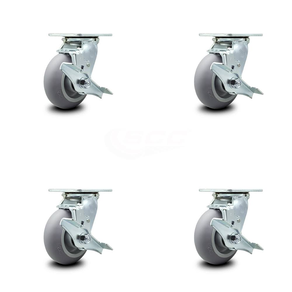 5 inch Thermoplastic Rubber Swivel Casters with Brakes, Set of 4, Gray I885
