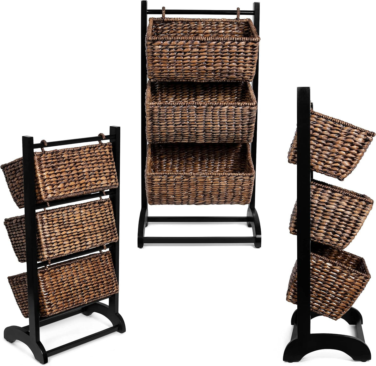 3-Tier Abaca Storage Organizer Shelf with Solid Wood Frame and 3 Baskets B2789