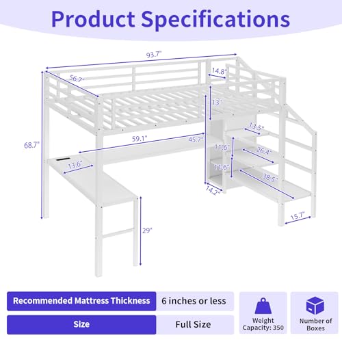 Full Size Metal Loft Bed Frame with Desk, Wardrobe, Storage Stairs Y205