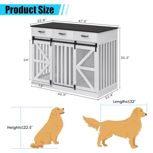 47 Inch Wooden Dog Crate Furniture with Removable Divider Storage Drawers Double Door White T721