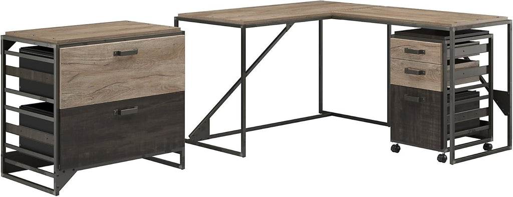 Rustic Gray L Shaped Industrial Desk with File Cabinets X16750