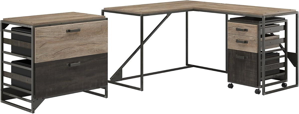 Rustic Gray L Shaped Industrial Desk with File Cabinets X16750