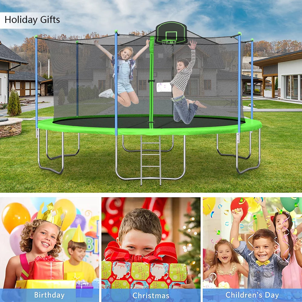14FT Blue Trampoline with Basketball Hoop and Enclosure Net S687