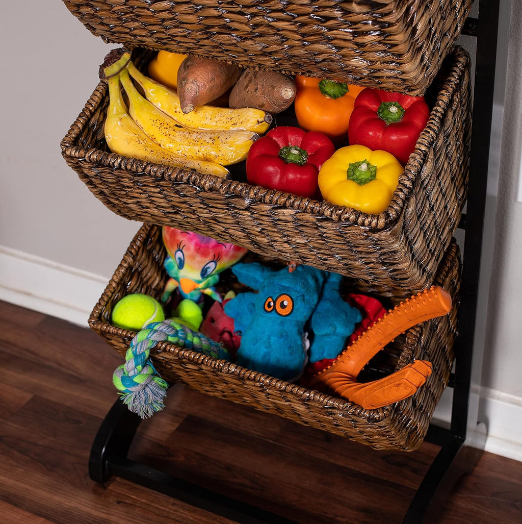 3-Tier Abaca Storage Organizer Shelf with Solid Wood Frame and 3 Baskets B2789