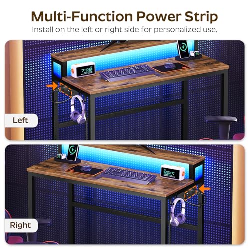 Black Computer Desk with Charging Station and LED Lights G266