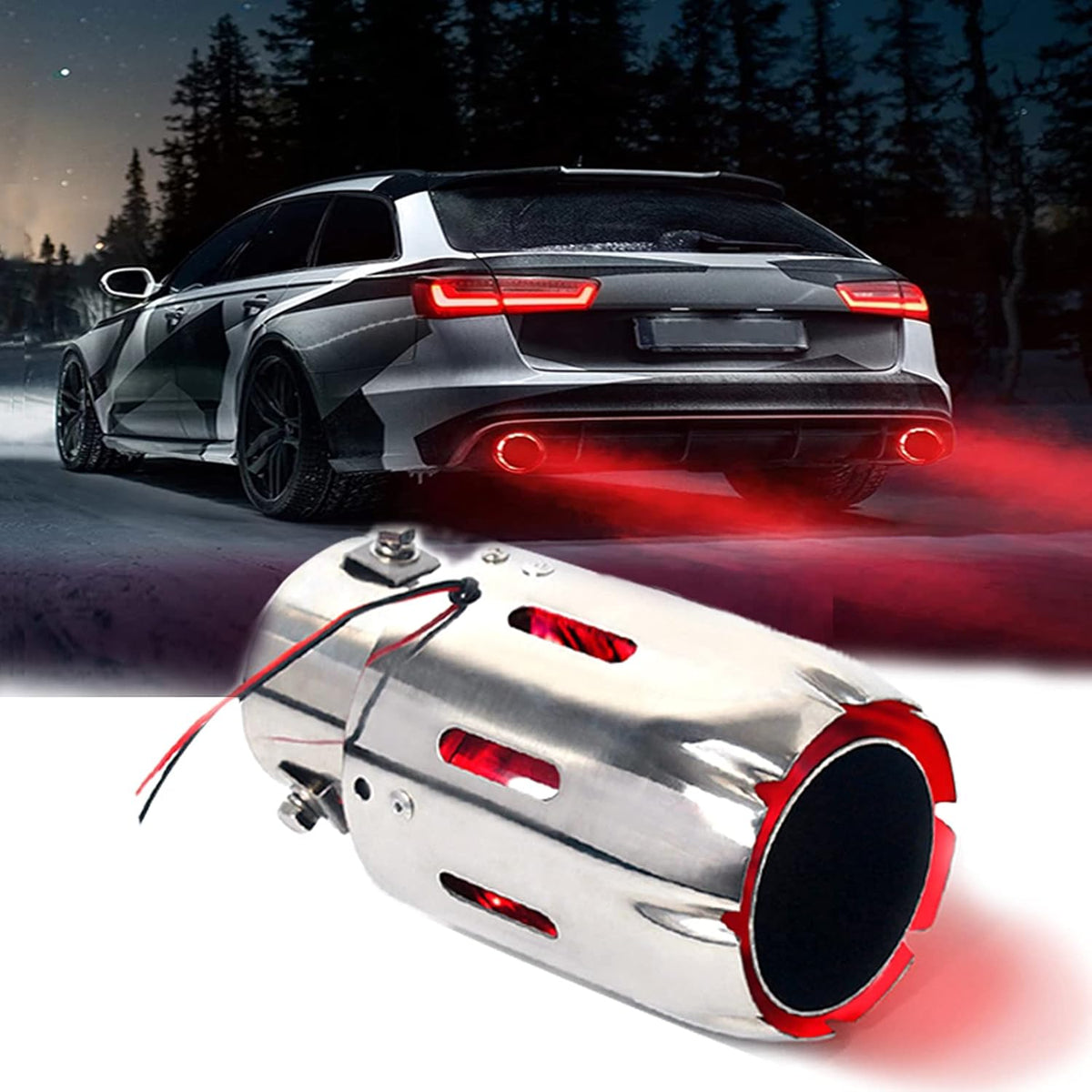 2.5'' Inlet Stainless Steel Exhaust Tips with Red Flame LED Light, 89mm Outlet, Pack of 2 C6263