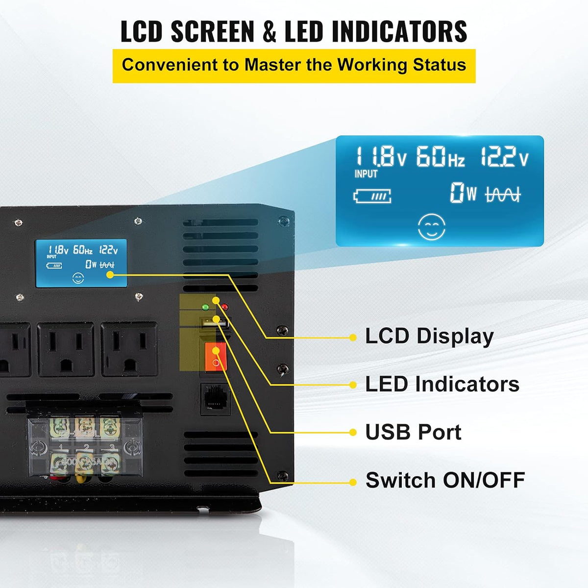 3500 Watt Pure Sine Wave Power Inverter, DC 12V to AC 120V, with USB Port LCD Display Remote Controller and AC Outlets X716