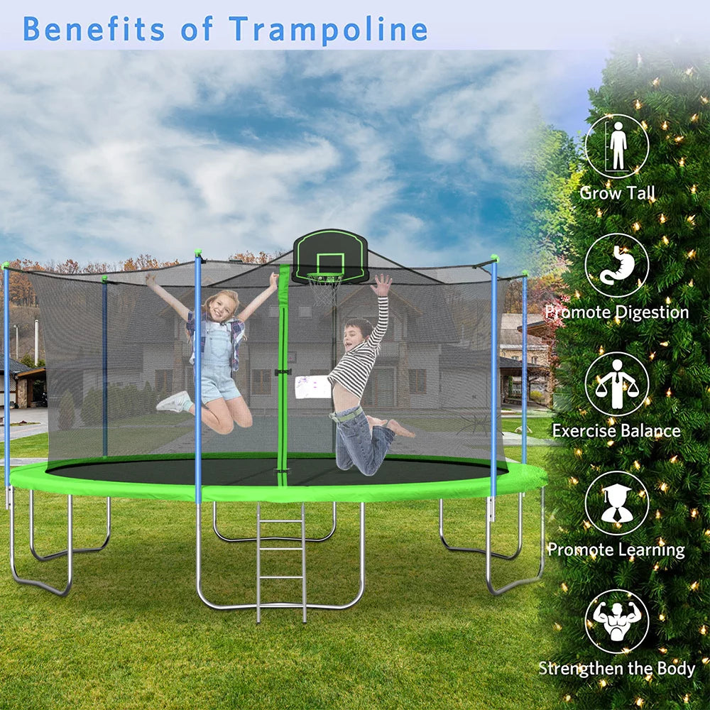 14FT Blue Trampoline with Basketball Hoop and Enclosure Net S687