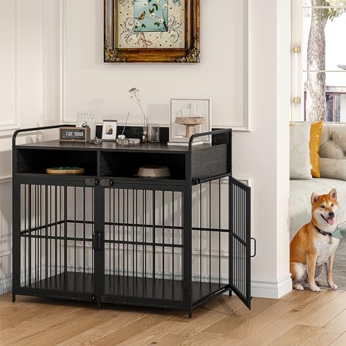 47 Inch Wooden Dog Crate Furniture with Removable Divider Storage Drawers Double Door White T721