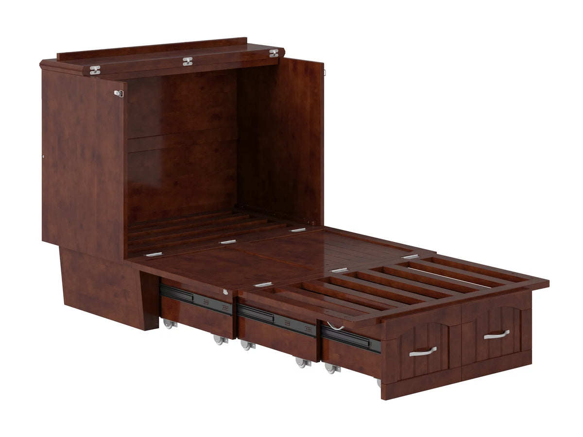 Twin Solid Wood Murphy Bed Chest with Mattress, Drawer & Charger, Walnut C704