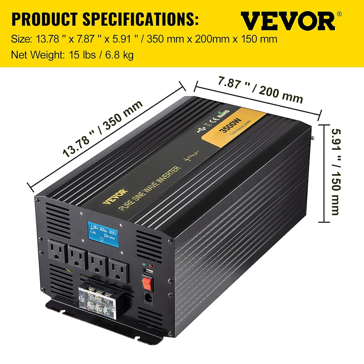 3500 Watt Pure Sine Wave Power Inverter, DC 12V to AC 120V, with USB Port LCD Display Remote Controller and AC Outlets X716