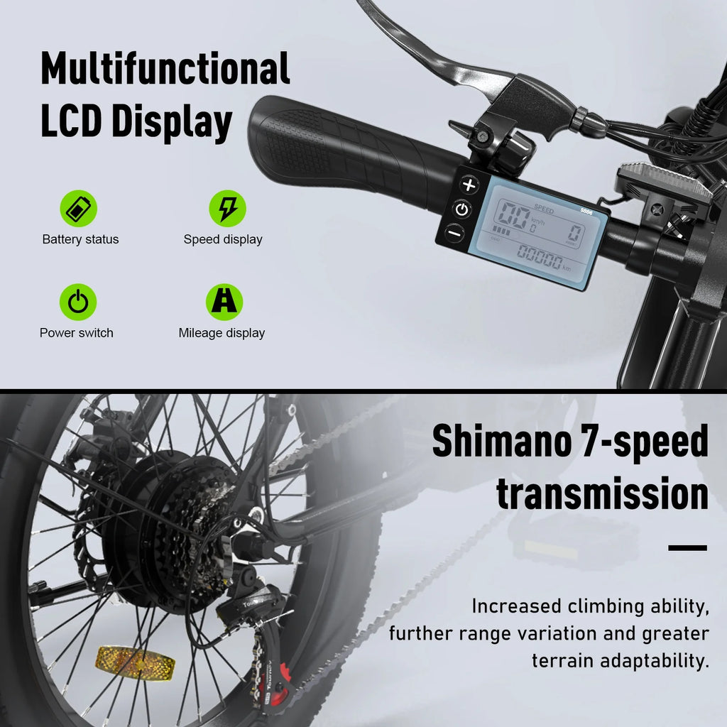 20"x3.0 Fat Tire Electric Bicycle with 500W/36V/12Ah Battery, Shimano 7-Speed B7076