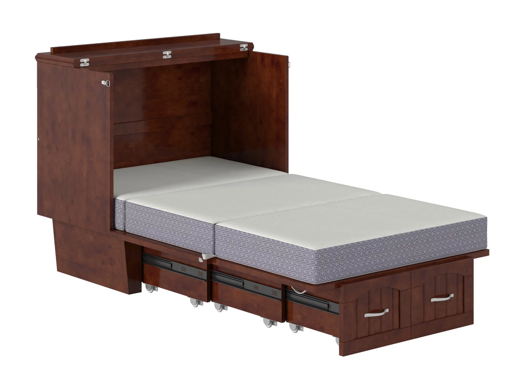 Twin Solid Wood Murphy Bed Chest with Mattress, Drawer & Charger, Walnut C704