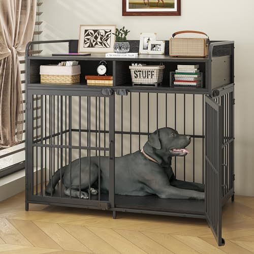 47 Inch Wooden Dog Crate Furniture with Removable Divider Storage Drawers Double Door White T721