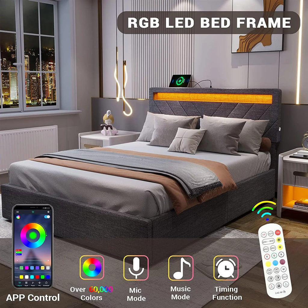 Queen Bed Frame with 2 USB Charging Station & 4 Storage Drawers, LED Upholstered, Dark Grey C27031