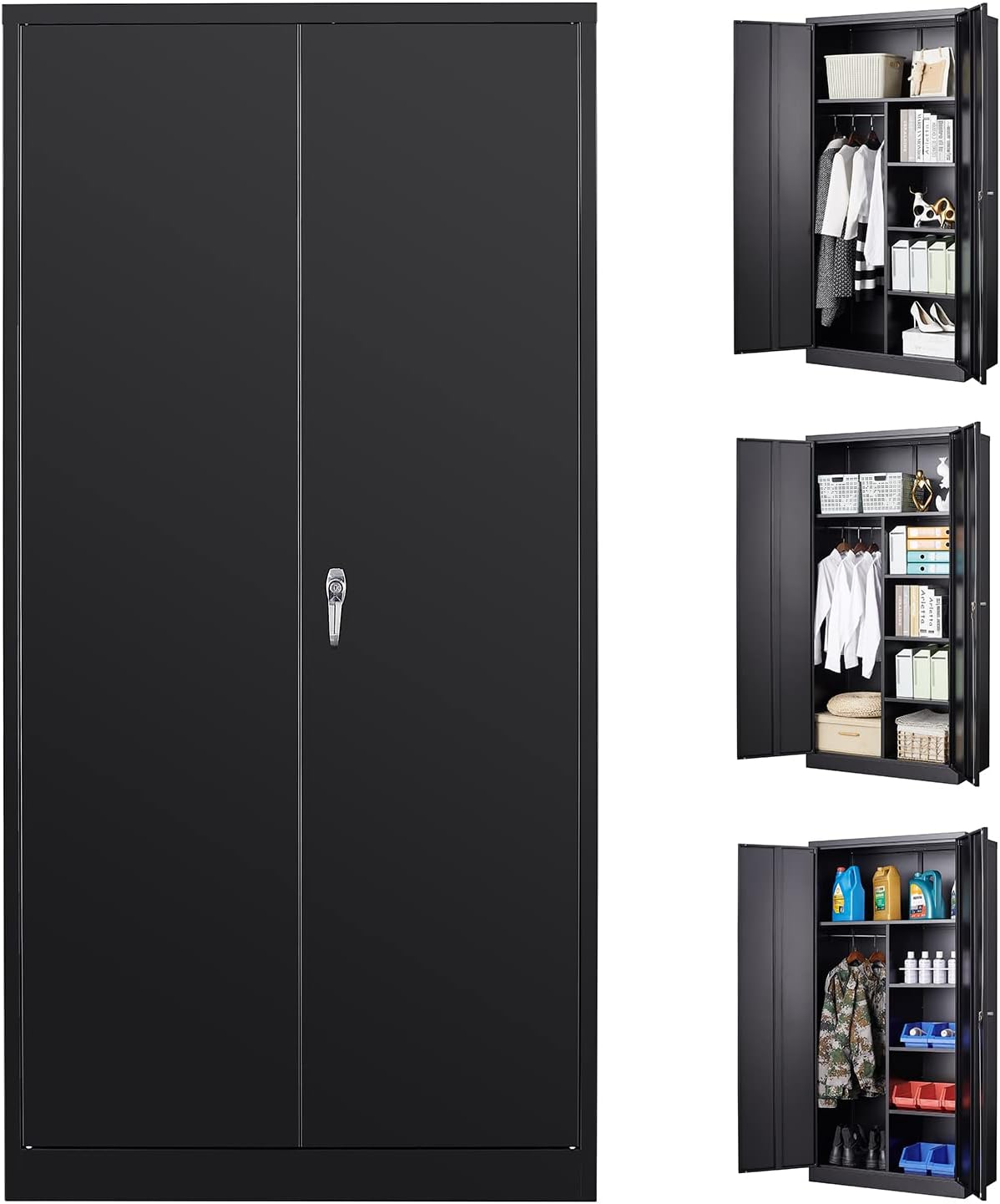 Metal Locker Storage Cabinets, 72" White Tall Steel Wardrobe with Hanging Rod, Shelves and Lockable Doors U8663