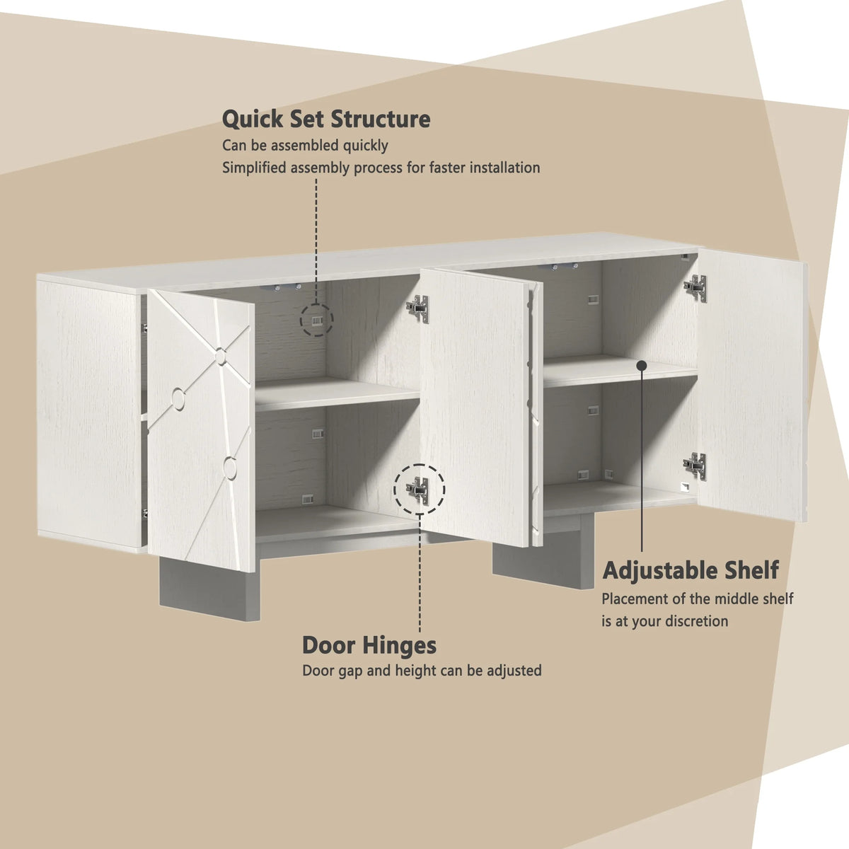 63" 4-Door Cream Sideboard Buffet Cabinet with Adjustable Shelves X16829