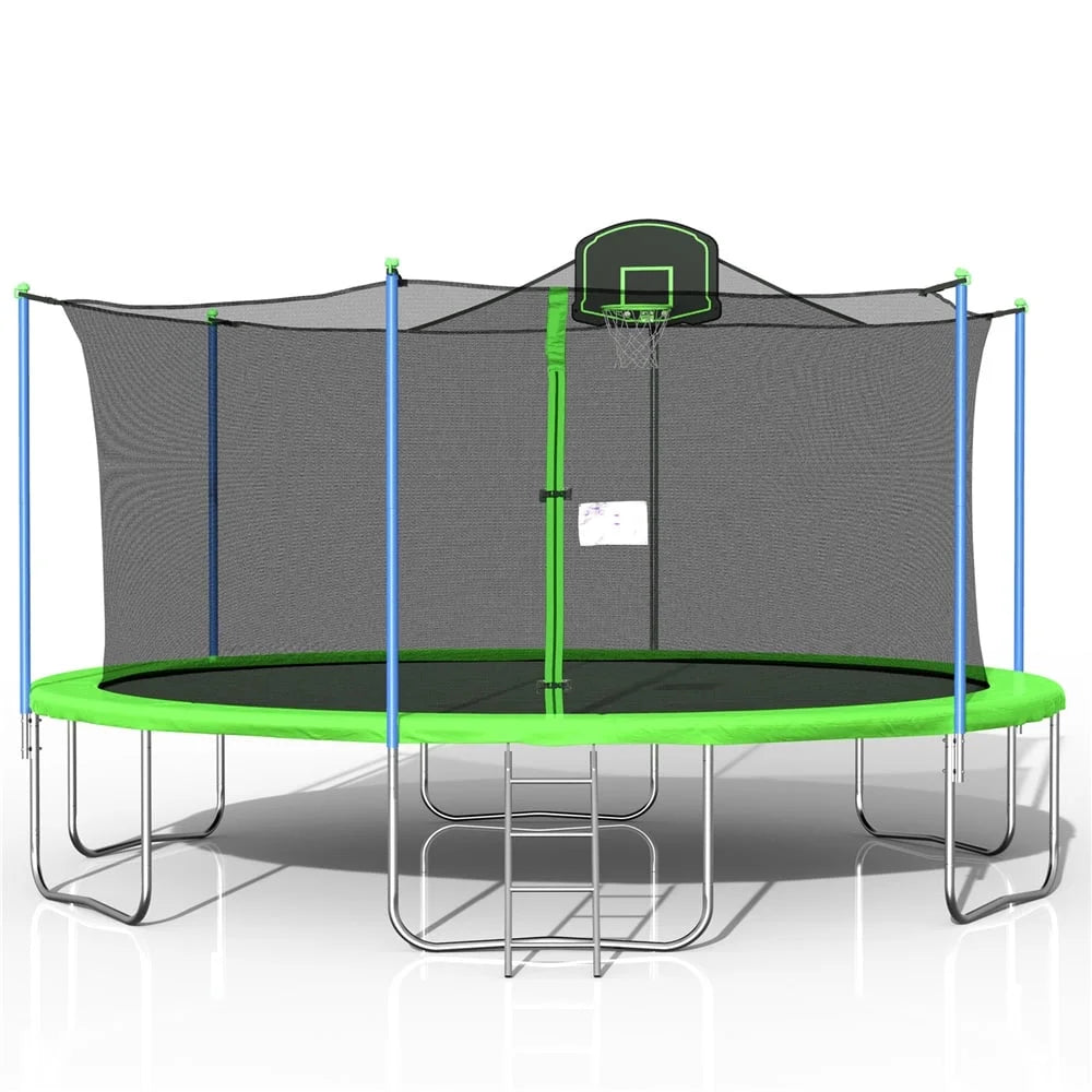 14FT Blue Trampoline with Basketball Hoop and Enclosure Net S687
