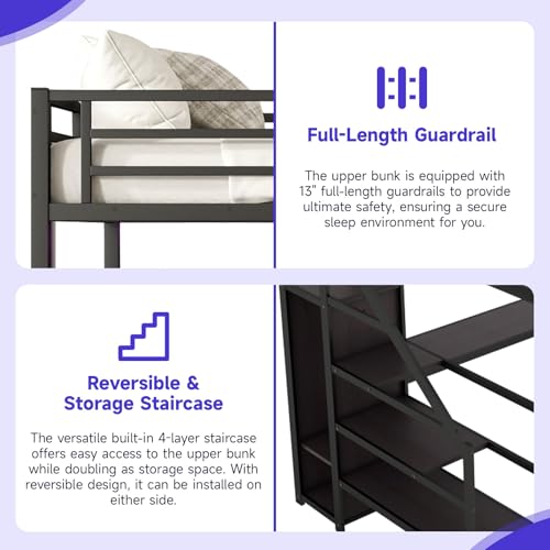 Full Size Metal Loft Bed Frame with Desk, Wardrobe, Storage Stairs Y205