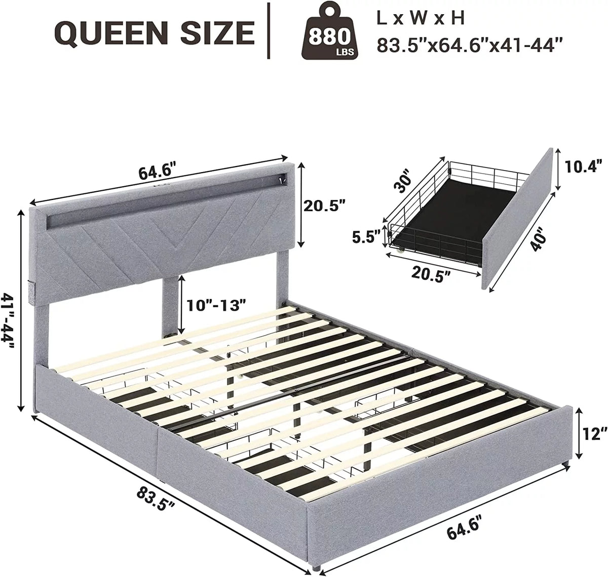 Queen Size Upholstered Platform Bed Frame with 4 Drawers and LED Lights Headboard C28983