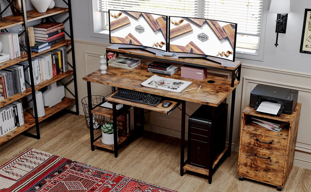 55" Vintage Brown Computer Desk with Storage Shelves K37523