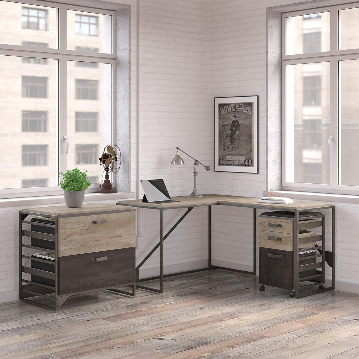 Rustic Gray L Shaped Industrial Desk with File Cabinets X16750