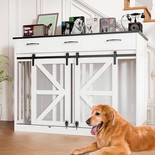 47 Inch Wooden Dog Crate Furniture with Removable Divider Storage Drawers Double Door White T721