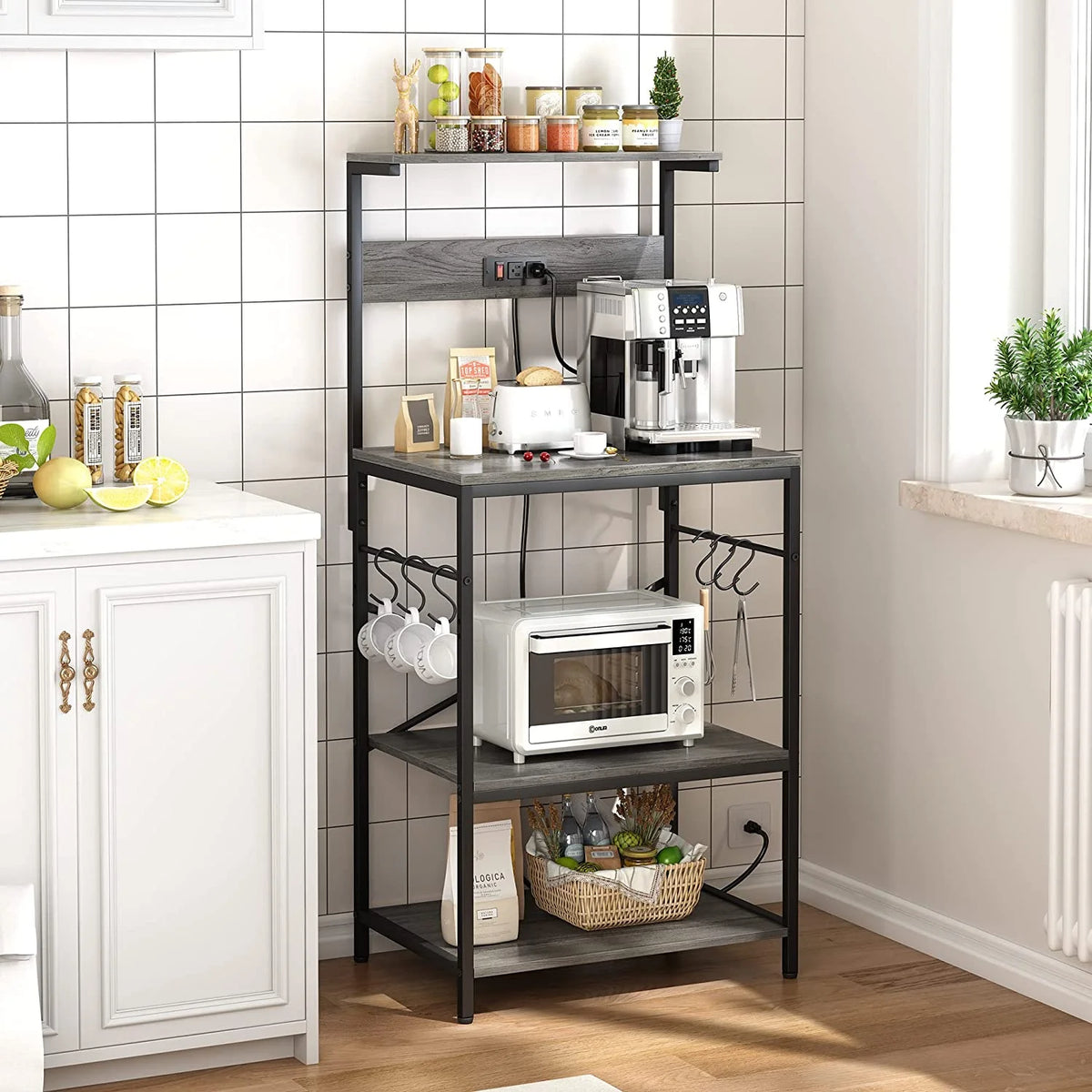 Charcoal Gray 4 Tiers Kitchen Bakers Rack with Power Outlet L62572