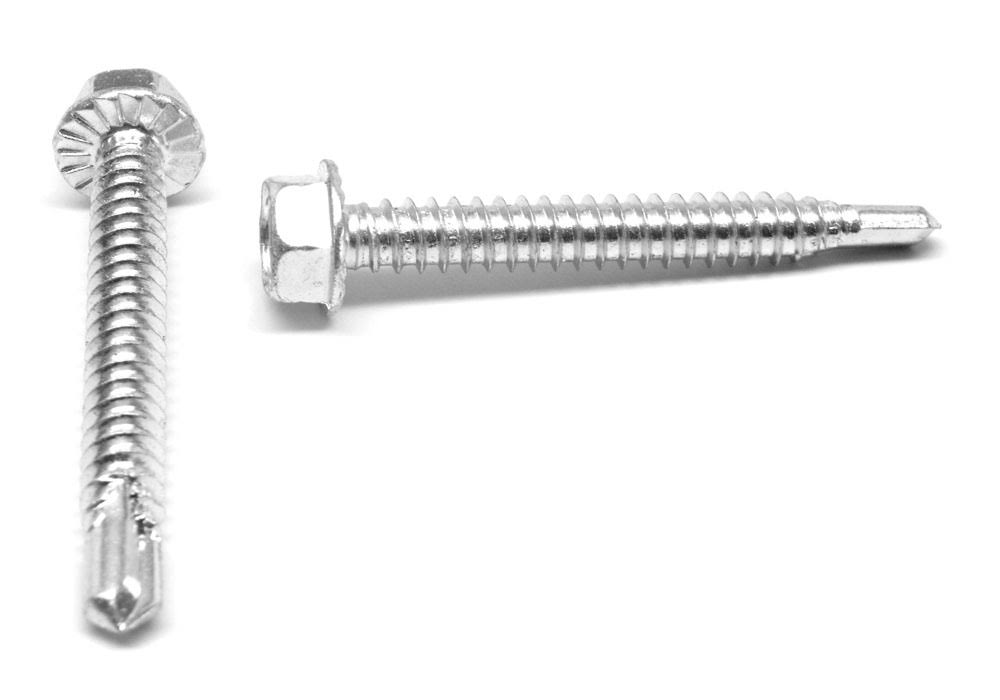 1/4-20 x 1 1/2 Coarse Thread Self Drilling Screw Hex Washer 7/16 AF Head Serration Low Carbon Steel Zinc Plated O5154