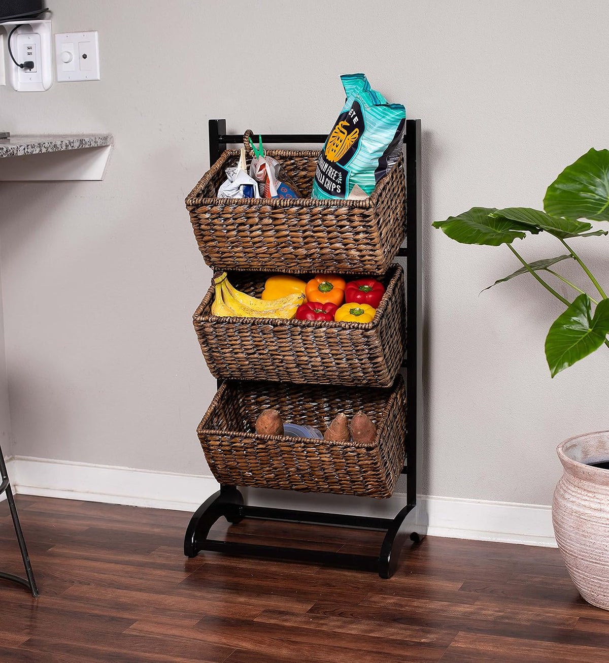 3-Tier Abaca Storage Organizer Shelf with Solid Wood Frame and 3 Baskets B2789