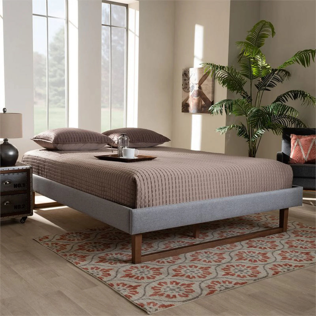 Mid-Century Wood and Fabric Queen Platform Bed Q9626