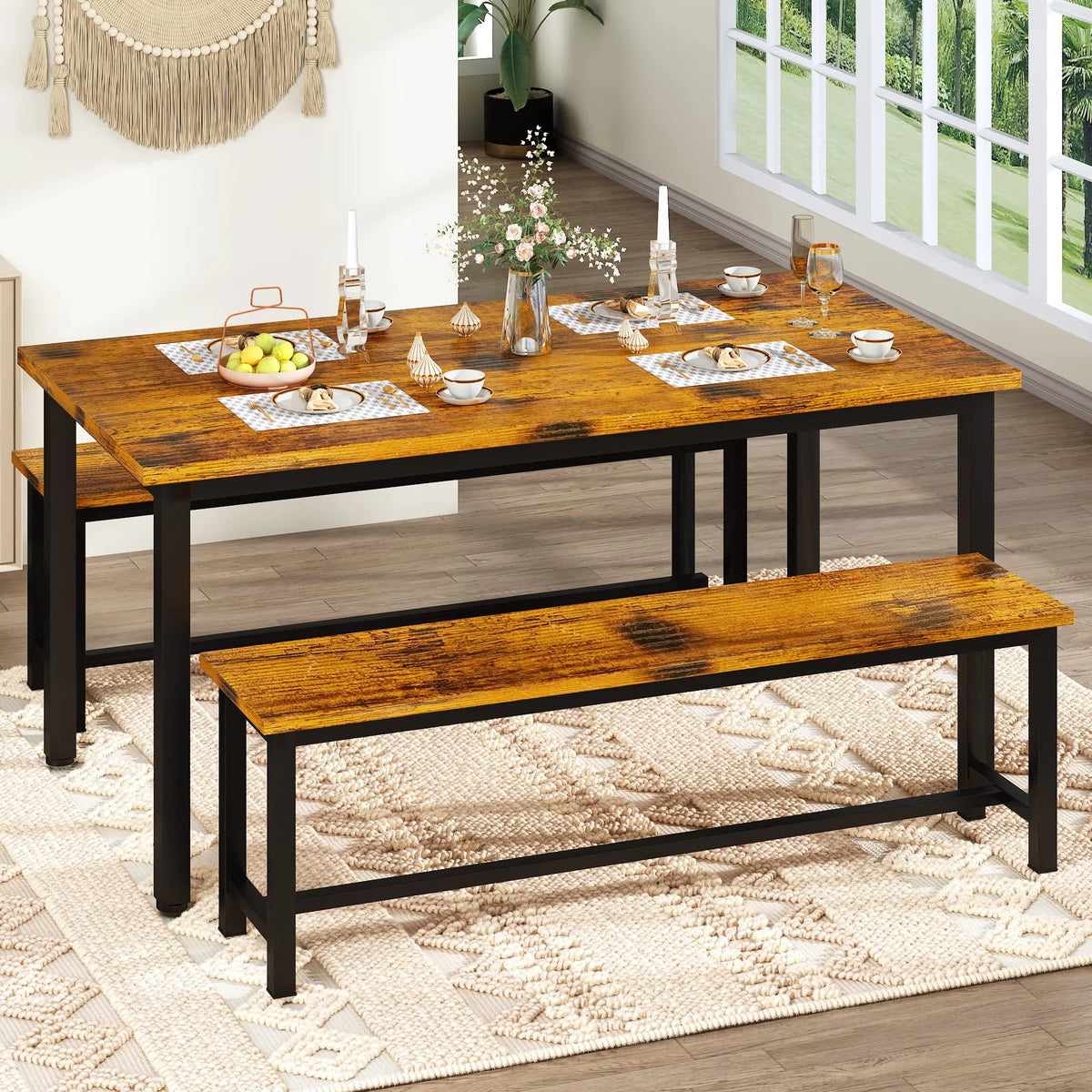 Dining Table Set with Two Benches N978
