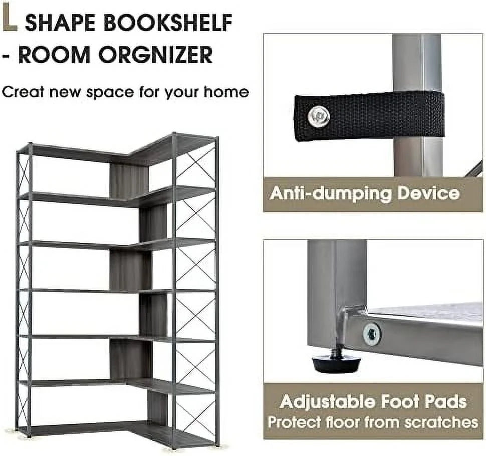 7-Tall L-Shaped Corner Bookshelf with Metal Frame I1914