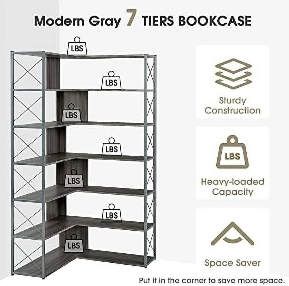 7-Tall L-Shaped Corner Bookshelf with Metal Frame I1914