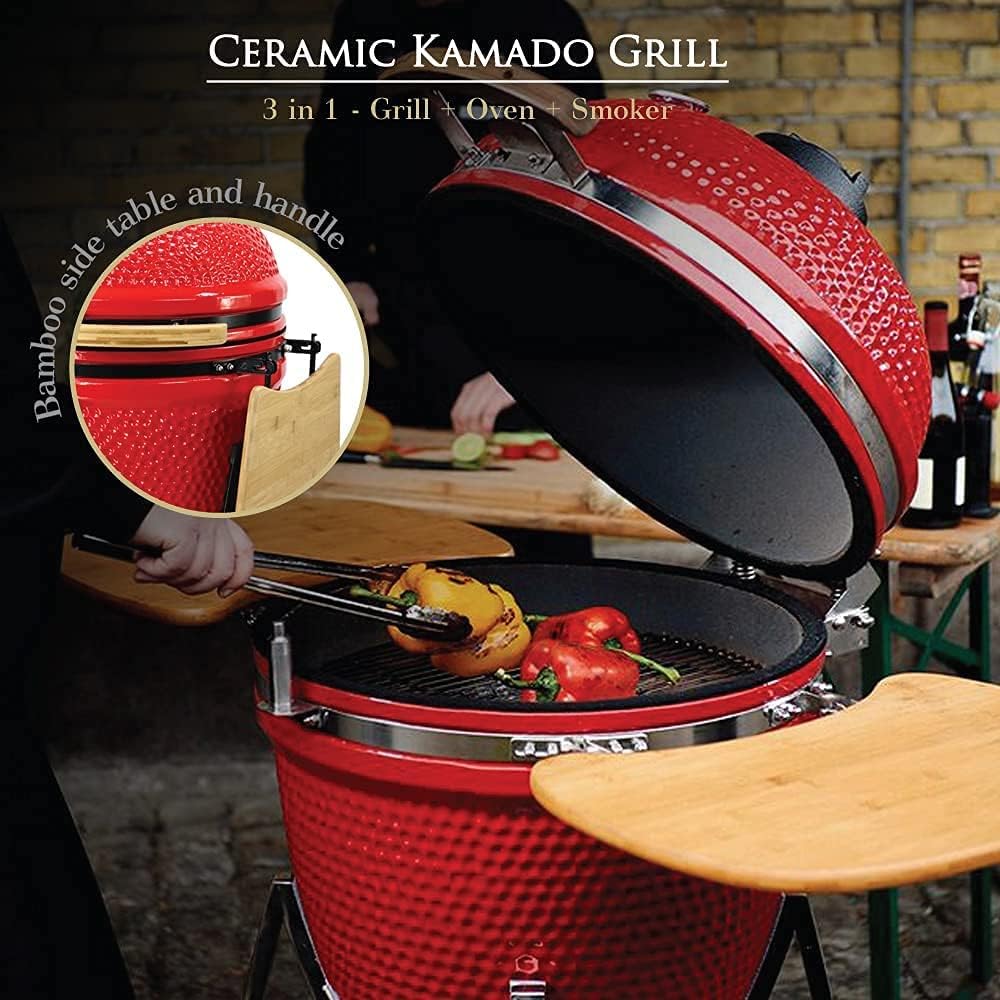 21” Large Ceramic Kamado Grill Cooker Oven Smoker with Trolley O5207
