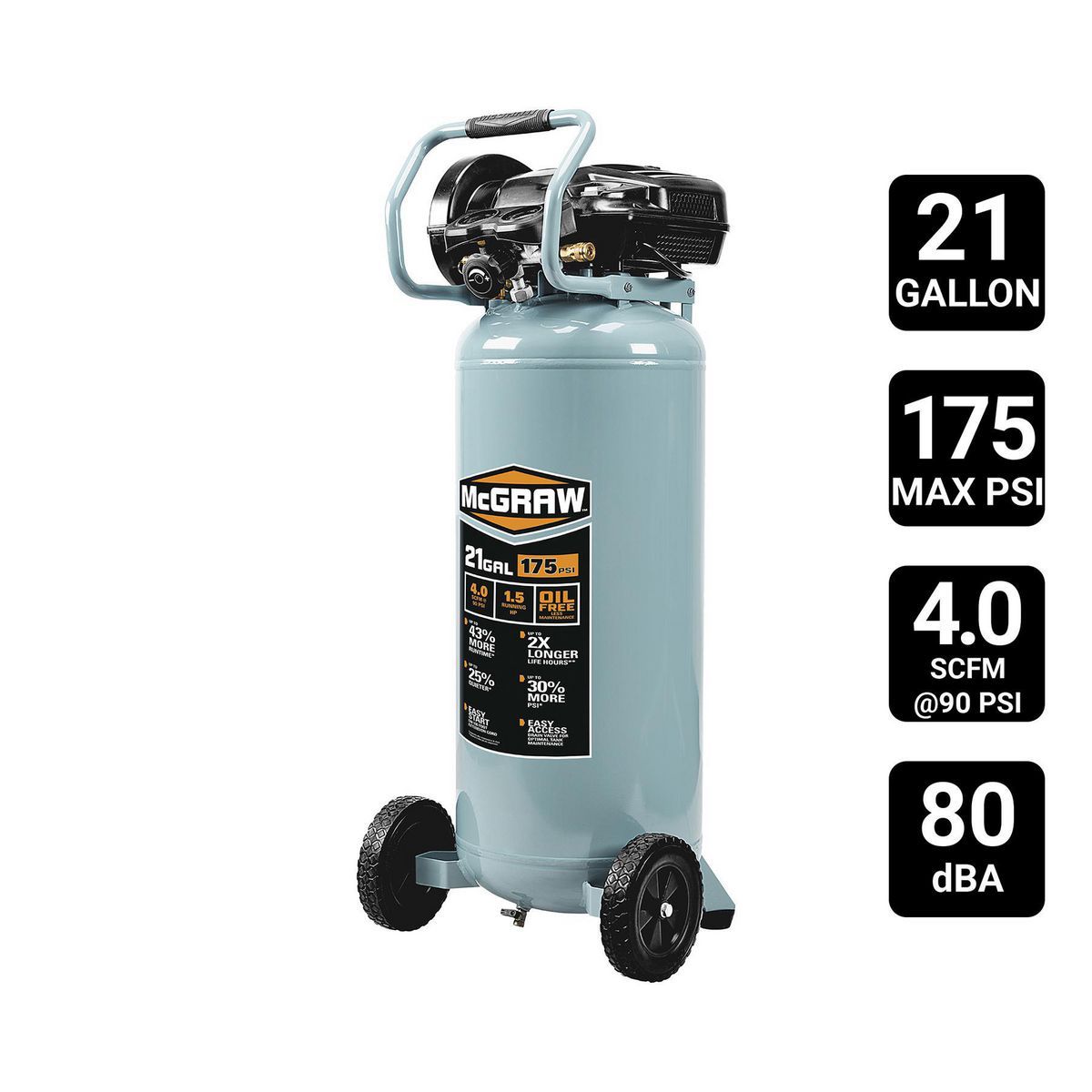 21 Gallon 175 PSI Oil-Free Vertical Air Compressor O3906