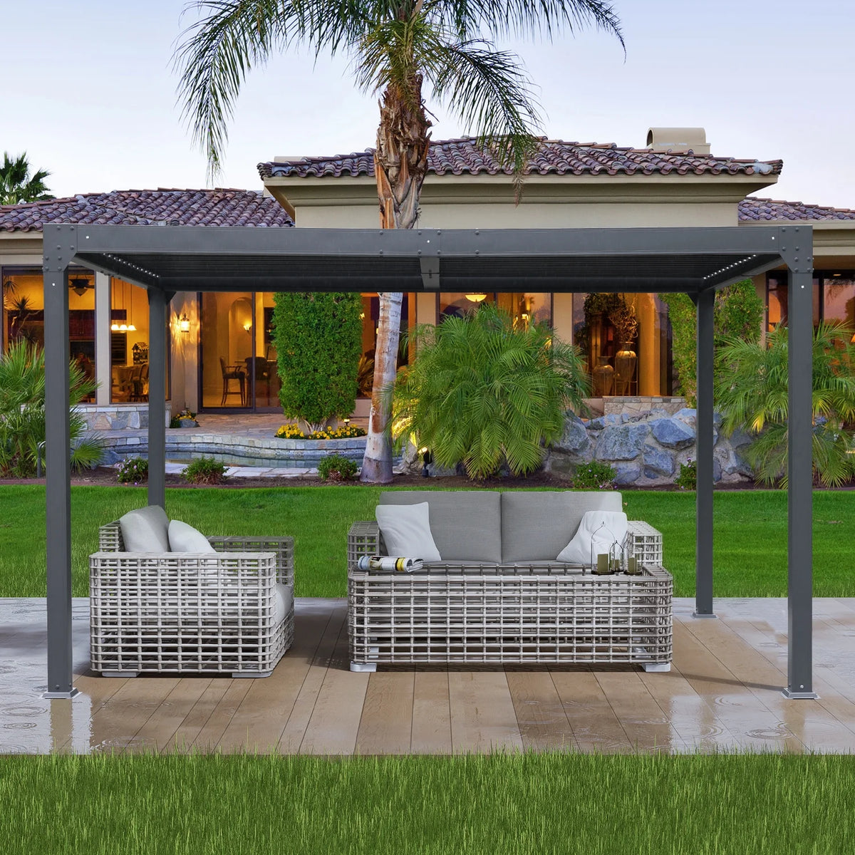 13 x 10 ft. Outdoor Aluminum Louvered Pergola Waterproof Gazebo with 2 Adjustable Rainproof Panels - Dark Gray Y166