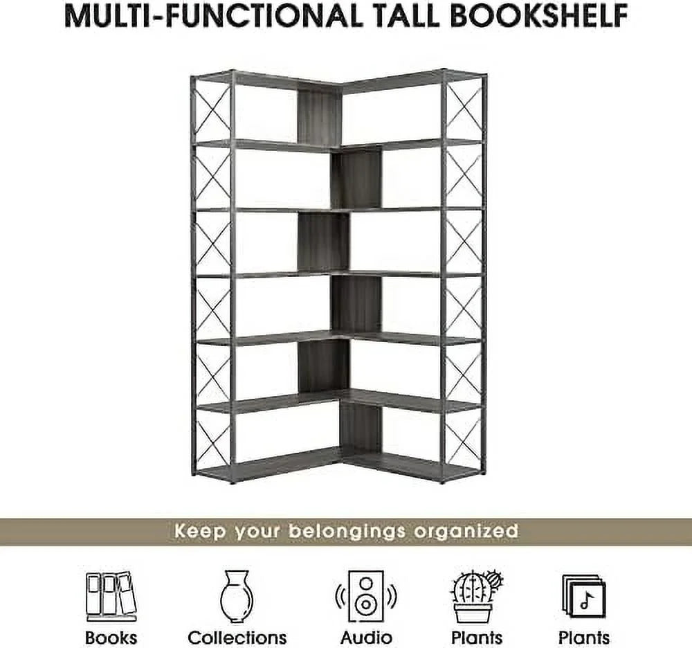 7-Tall L-Shaped Corner Bookshelf with Metal Frame I1914