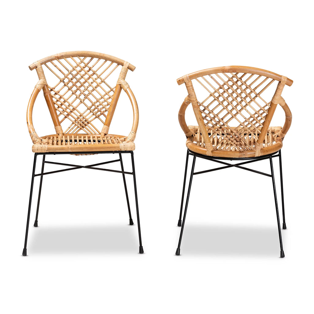 Natural Brown Rattan and Black Metal 2-Piece Dining Chair Set N8420