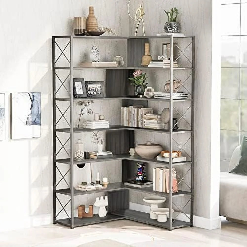 7-Tall L-Shaped Corner Bookshelf with Metal Frame I1914