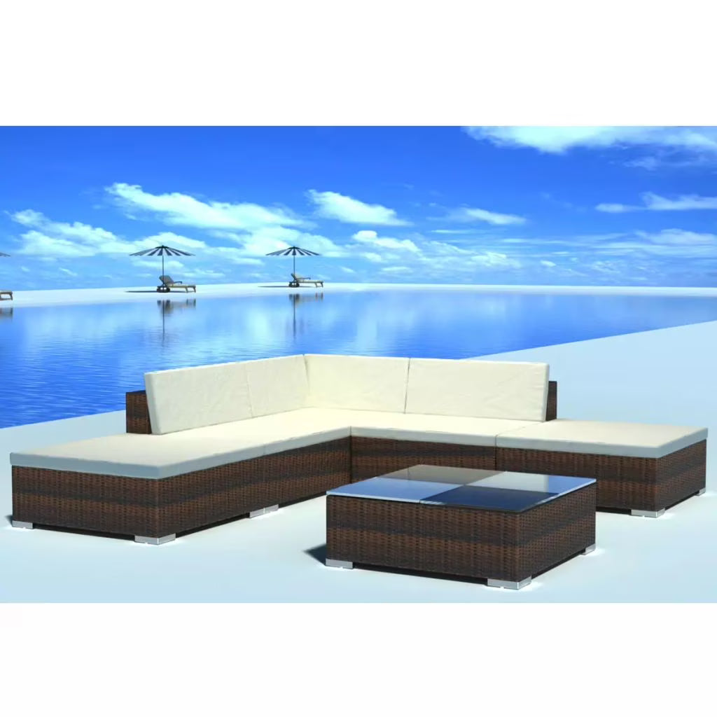 6 Pieces Poly Rattan Garden Lounge Set with 3 Sofas 2 Ottomans 1 Tea Table 9 Cushions Y990561