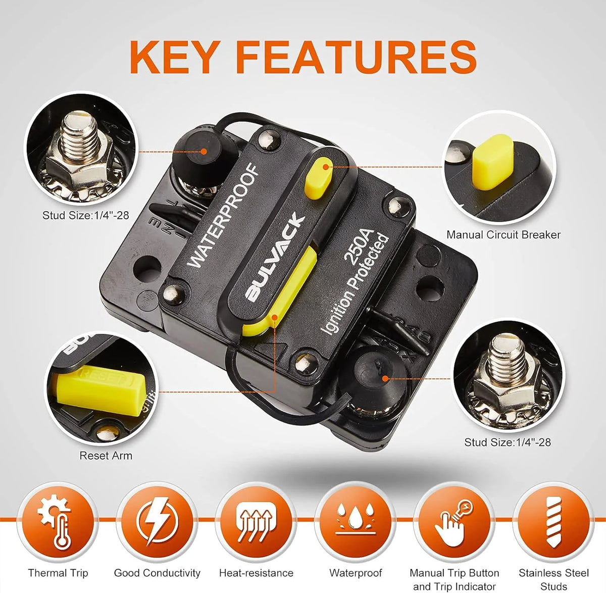250 Amp Circuit Breaker with Manual Reset, 12V-48V DC H8904