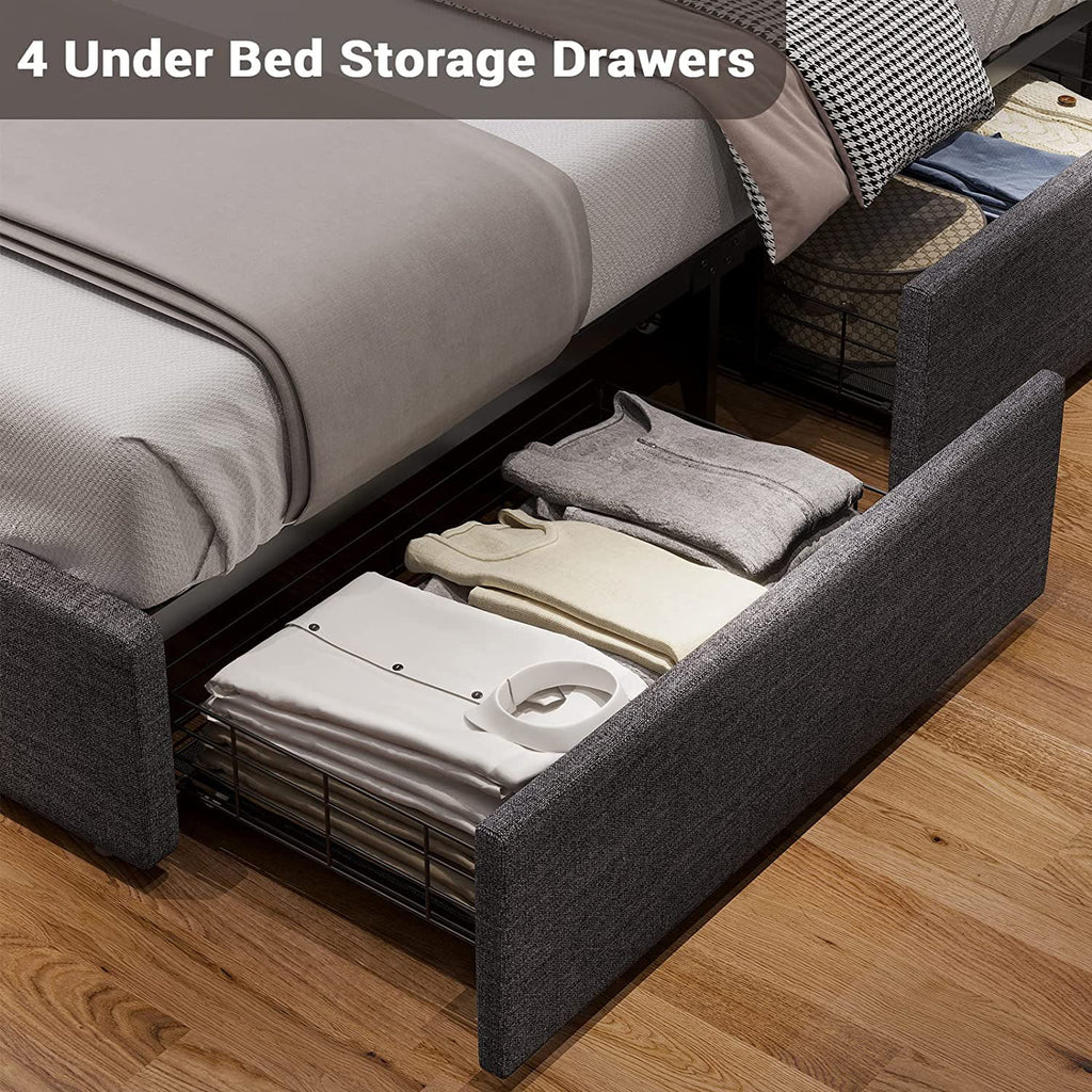 Queen Size Upholstered Platform Bed Frame with 4 Drawers and LED Lights Headboard C28983